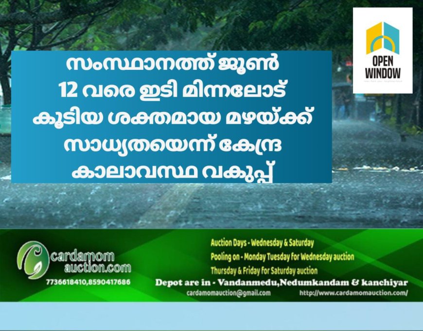 സംസ്ഥാനത്ത് ജൂൺ 12 വരെ ഇടി മിന്നലോട് കൂടിയ ശക്തമായ മഴയ്ക്ക് സാധ്യത