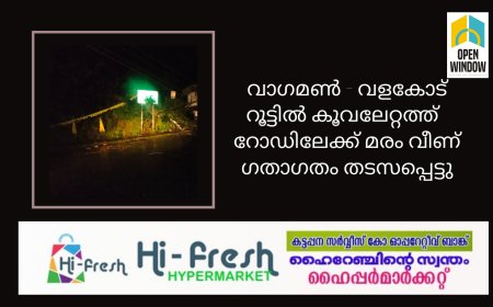 വാഗമൺ - വളകോട് റൂട്ടിൽ കൂവലേറ്റത്ത്  റോഡിലേക്ക് മരം വീണ് ഗതാഗതം തടസപ്പെട്ടു.  ഇത് വഴി പോകുന്ന യാത്രക്കാർ പ്ലാമൂട് വഴി പോകുവാൻ ശ്രദ്ധിക്കുക.
