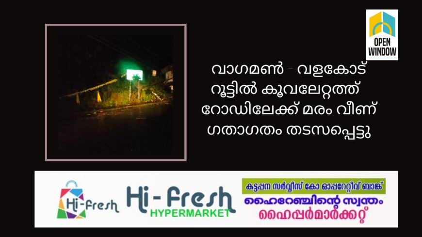 വാഗമൺ - വളകോട് റൂട്ടിൽ കൂവലേറ്റത്ത് റോഡിലേക്ക് മരം വീണ് ഗതാഗതം തടസപ്പെട്ടു. ഇത് വഴി പോകുന്ന യാത്രക്കാർ പ്ലാമൂട് വഴി പോകുവാൻ ശ്രദ്ധിക്കുക.