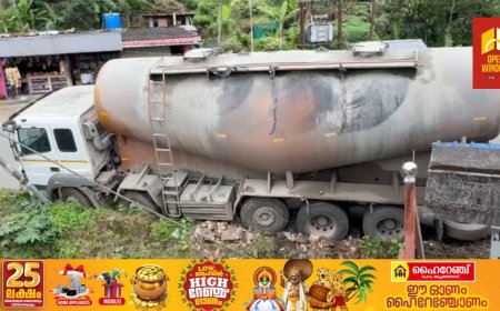 വണ്ടിപ്പെരിയാർ 55 മൈൽ ജംഗ്ഷൻ വളവിൽ  സിമന്റ് ലോറി  നിയന്ത്രണം വിട്ട് റോഡിൽ നിന്നും തെന്നിമാറി