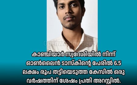 കാഞ്ചിയാർ സ്വദേശിയിൽ നിന്ന് ഓൺലൈൻ ടാസ്കിന്റെ പേരിൽ 6.5 ലക്ഷം രൂപ തട്ടിയെടുത്ത കേസിൽ ഒരു വർഷത്തിന് ശേഷം പ്രതി അറസ്റ്റിൽ.