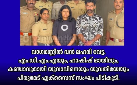 വാഗമണ്ണില്‍ വന്‍ ലഹരി വേട്ട. എം.ഡി.എം.എയും, ഹാഷിഷ് ഓയിലും, കഞ്ചാവുമായി യുവാവിനെയും യുവതിയേയും  പീരുമേട് എക്‌സൈസ് സംഘം പിടികൂടി