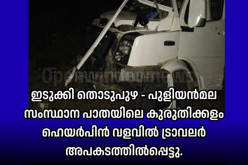 ഇടുക്കി തൊടുപുഴ - പുളിയൻമല സംസ്ഥാന പാതയിലെ കുരുതിക്കളം ഹെയർപിൻ വളവിൽ ട്രാവലർ അപകടത്തിൽപ്പെട്ടു.