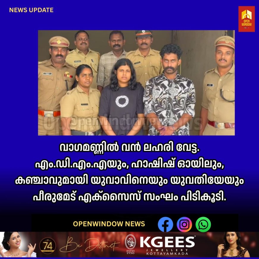 വാഗമണ്ണില്‍ വന്‍ ലഹരി വേട്ട. എം.ഡി.എം.എയും, ഹാഷിഷ് ഓയിലും, കഞ്ചാവുമായി യുവാവിനെയും യുവതിയേയും  പീരുമേട് എക്‌സൈസ് സംഘം പിടികൂടി