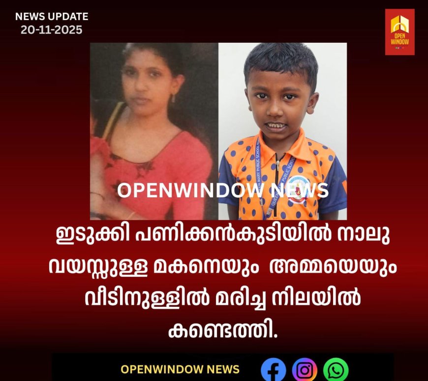 ഇടുക്കി പണിക്കൻകുടിയിൽ നാലു വയസ്സുള്ള മകനെയും  അമ്മയെയും വീടിനുള്ളിൽ മരിച്ച നിലയിൽ കണ്ടെത്തി