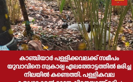 കാഞ്ചിയാർ പള്ളിക്കവലക്ക് സമീപം യുവാവിനെ സ്വകാര്യ ഏലത്തോട്ടത്തിൽ മരിച്ച നിലയിൽ കണ്ടെത്തി. പള്ളികവല കളപ്പുരക്കൽ രാജേഷിനെയാണ് മരിച്ച നിലയിൽ കണ്ടെത്തിയത്.