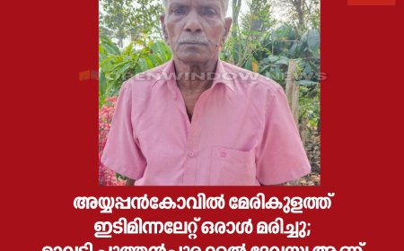 അയ്യപ്പൻകോവിൽ മേരികുളത്ത്  ഇടിമിന്നലേറ്റ് ഒരാൾ മരിച്ചു;മാവടി പുത്തൻപുരക്കൽ ദേവസ്യ ആണ് മരിച്ചത്