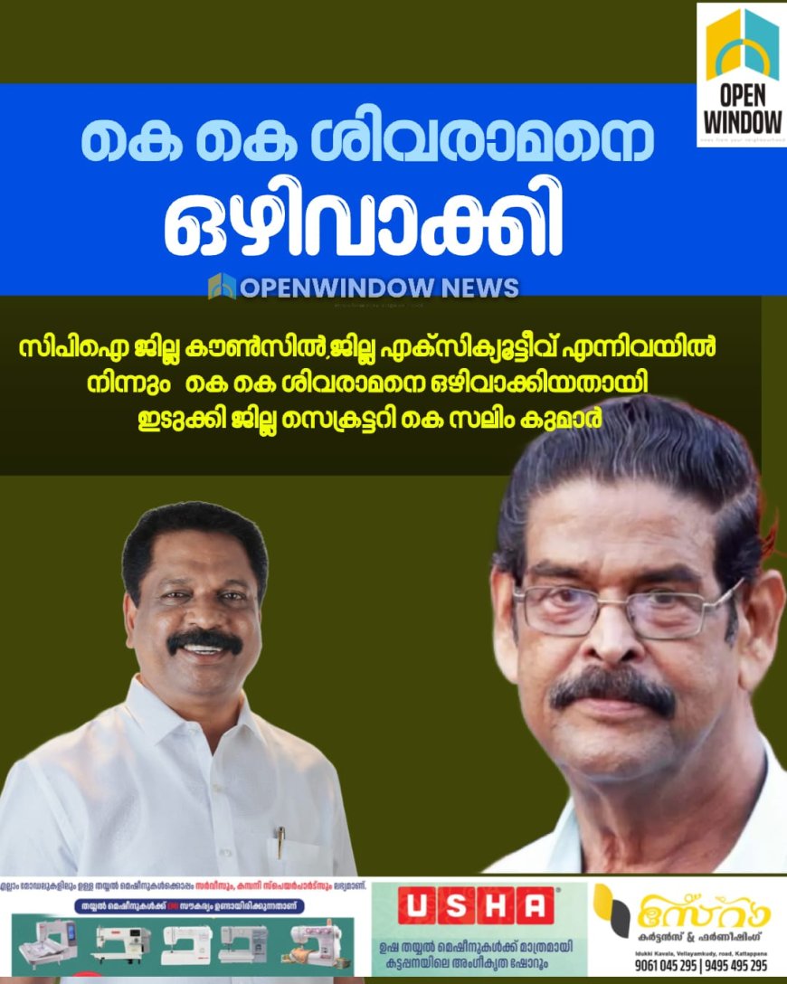 സിപിഐ ജില്ല കൗൺസിൽ,ജില്ല എക്സിക്യൂട്ടീവ് എന്നിവയിൽ നിന്നും   കെ കെ ശിവരാമനെ ഒഴിവാക്കിയതായി  ഇടുക്കി ജില്ല സെക്രട്ടറി കെ സലിം കുമാർ