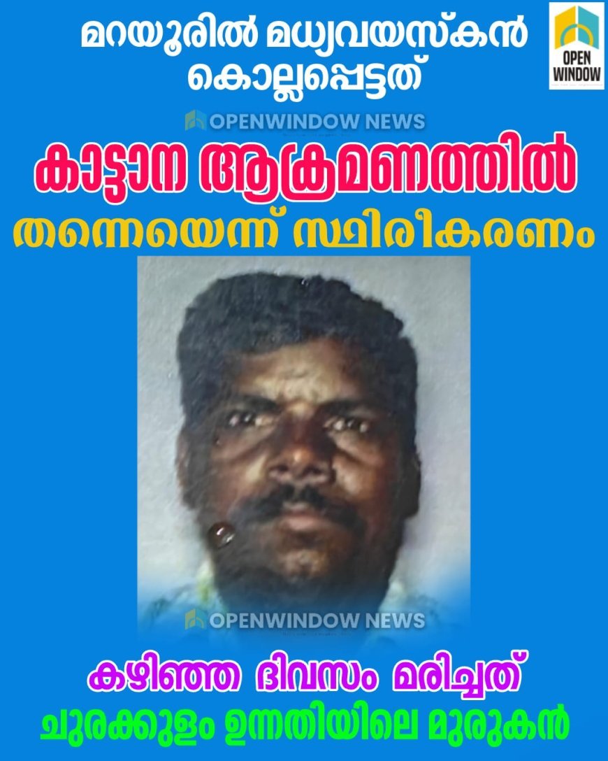 മറയൂരില്‍ മധ്യവയസ്‌കന്‍ കൊല്ലപ്പെട്ടത് കാട്ടാന ആക്രമണത്തില്‍  തന്നെയെന്ന് സ്ഥിരീകരണം. ചുരക്കുളം ഉന്നതിയിലെ മുരുകനാണ് കഴിഞ്ഞ ദിവസം മരിച്ചത്.