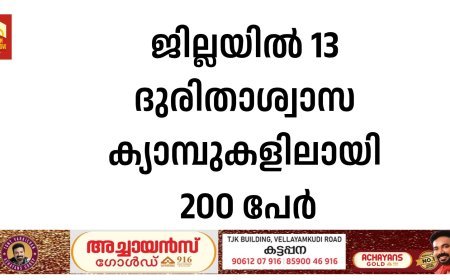 ജില്ലയില്‍ 13 ദുരിതാശ്വാസ ക്യാമ്പുകളിലായി 200 പേര്‍