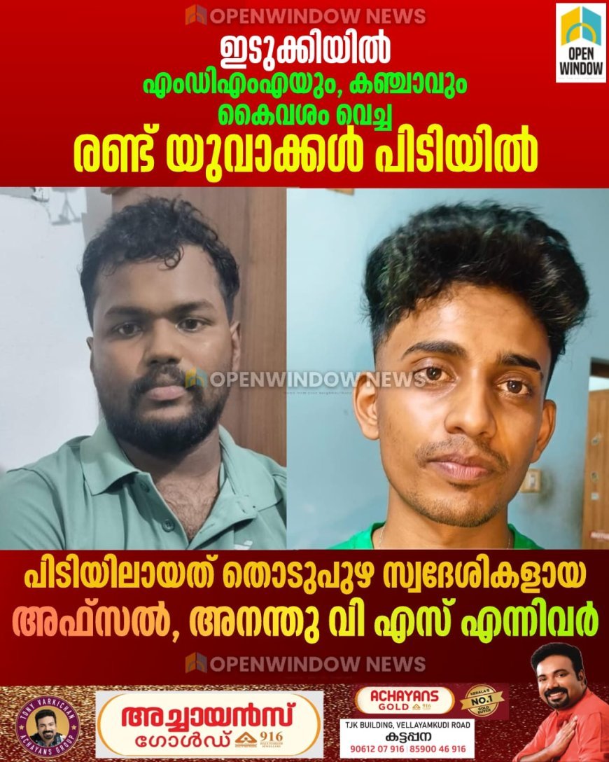 ഇടുക്കിയില്‍ എംഡിഎംഎയും, കഞ്ചാവും കൈവശം വെച്ച രണ്ട് യുവാക്കള്‍ പിടിയില്‍; പിടിയിലായത് തൊടുപുഴ സ്വദേശികളായ അഫ്‌സല്‍, അനന്തു വി എസ് എന്നിവര്‍