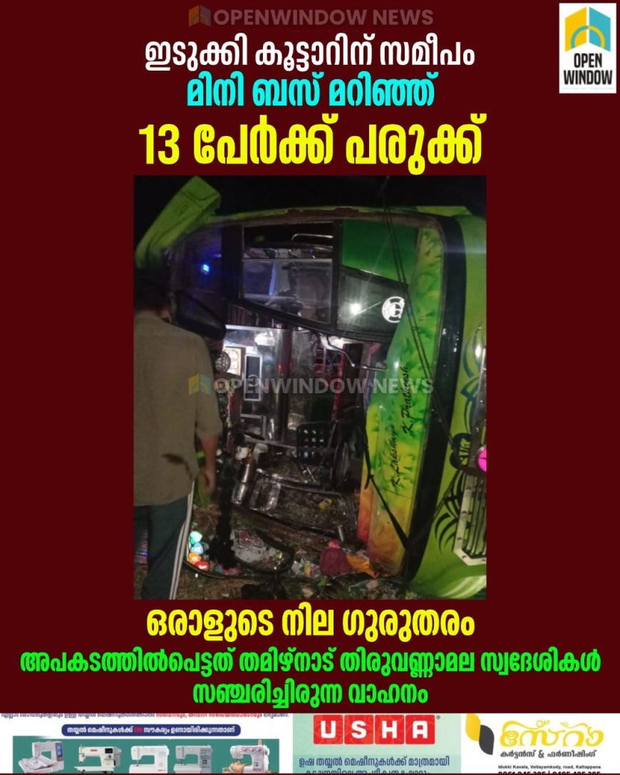 ഇടുക്കി കൂട്ടാറിന് സമീപം മിനി ബസ് മറിഞ്ഞ് 13 പേർക്ക് പരുക്ക്; ഒരാളുടെ നില ഗുരുതരം