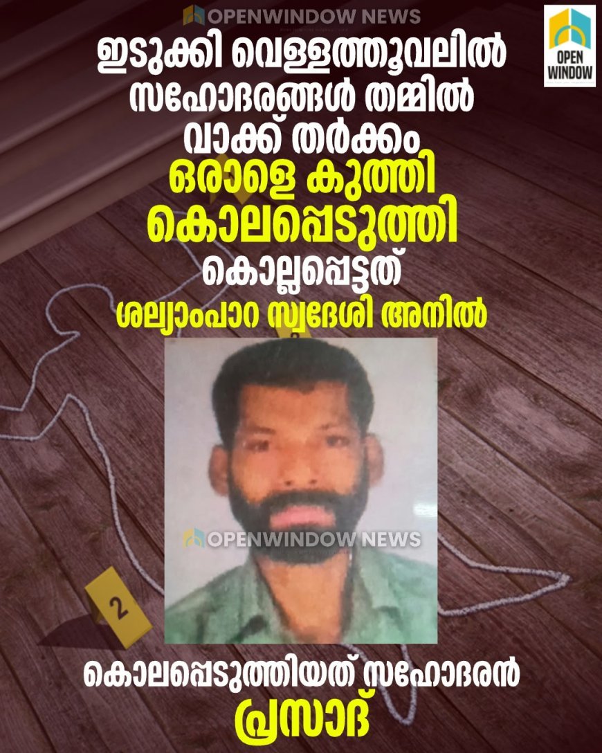 ഇടുക്കി വെള്ളത്തൂവലില്‍  സഹോദരങ്ങള്‍ തമ്മില്‍ വാക്ക് തര്‍ക്കം; ജ്യേഷ്ഠന്‍  അനുജനെ കൊലപ്പെടുത്തി